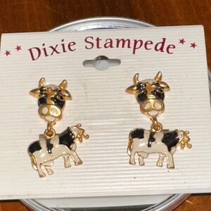Vintage New on Card Dixie Stampede Painted Cow Drop/Dangle Post Earrings